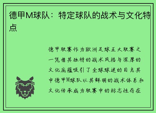 德甲M球队：特定球队的战术与文化特点