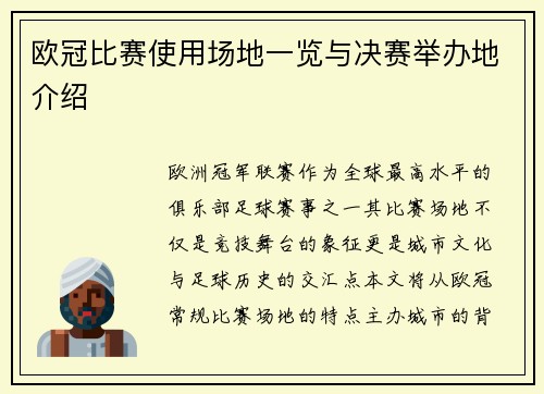 欧冠比赛使用场地一览与决赛举办地介绍