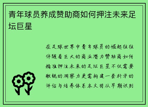 青年球员养成赞助商如何押注未来足坛巨星